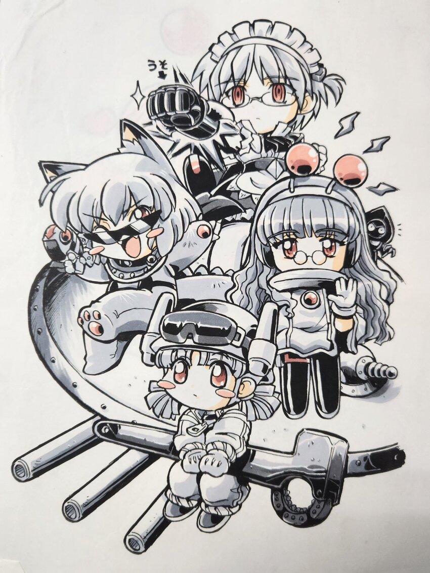 4girls, ai_(g-on_riders), alien, animal_ear_fluff, animal_ears, antennae, apron, arrow_(symbol)