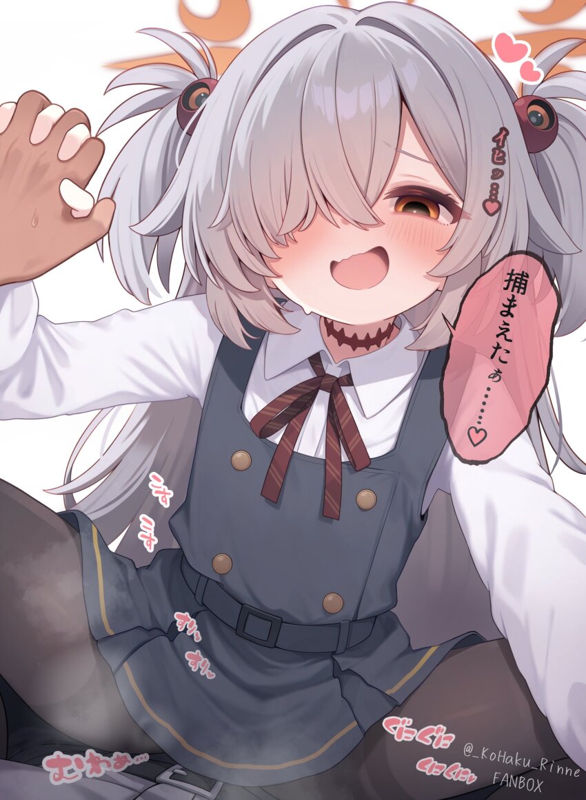 1boy, 1girl, assertive_female, belt, black_belt, black_choker, black_eyes, black_pantyhose, blue_archive, bow, bowtie, brown_eyes, brown_halo, buttons, choker, collared_shirt, diagonal-striped_bow, diagonal-striped_bowtie, diagonal-striped_clothes, double-breasted, dress, fanbox_username, girl_on_top, green_belt, grey_hair, grin, hair_between_eyes, hair_bobbles, hair_intakes, hair_ornament, hair_over_one_eye, half-closed_eyes, halo, hand_grab, hand_up, heart, highres, holding_hands, kanoe_(blue_archive), kohaku_rinne, light_blush, loli, long_hair, long_sleeves, looking_at_viewer, mojyo, multicolored_eyes, naughty_face, neck_ribbon, one_eye_covered, open_mouth, pantyhose, pinafore_dress, pov, reaching, reaching_towards_viewer, ribbon, scar, scar_on_neck, shirt, shirt_tucked_in, short_twintails, simple_background, sleeveless, sleeveless_dress, smile, smug, spoken_heart, spoken_sound_effect, steam, steaming_body, straddling, striped_bow, striped_bowtie, striped_clothes, sweatdrop, thighband_pantyhose, twintails, twitter_username, two-tone_eyes, two_side_up, white_background, white_shirt