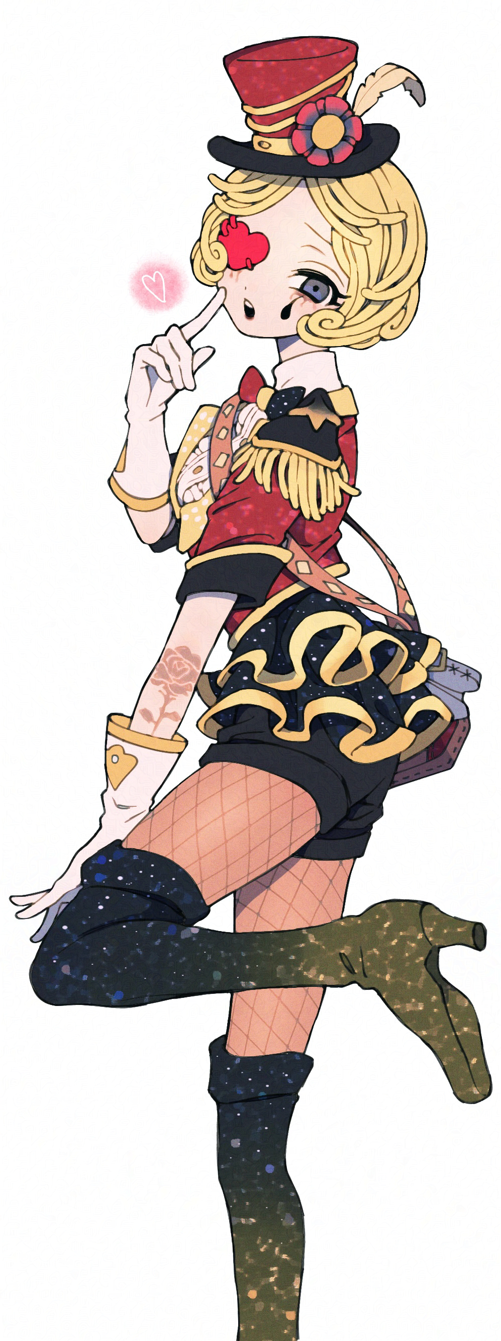 1girl, :o, absurdres, arm_tattoo, black_shorts, blonde_hair, blue_eyes, boots