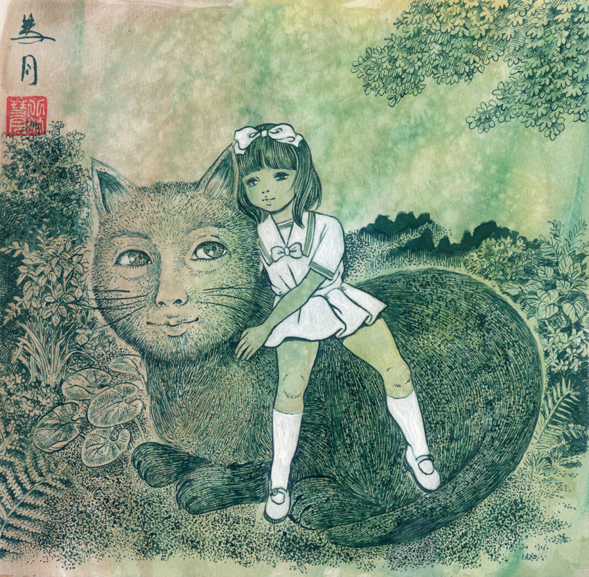 1girl, animal, animal_with_human_head, black_hair, bow, bowtie, bush, cat, fractal_underground_studio, grey_fur, hair_bow, kneehighs, looking_at_another, mary_janes, on_animal, original, plant, school_uniform, shirt, shoes, short_hair, short_sleeves, sitting, skirt, smile, socks, traditional_media, tree, white_bow, white_bowtie, white_shirt, white_shoes, white_skirt, white_socks