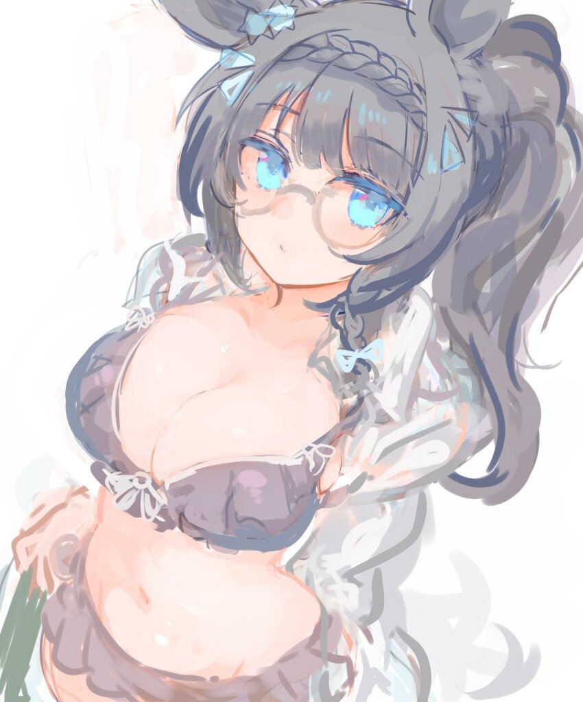 1girl, animal_ears, bikini, black_bikini, black_hair, blue_eyes, blush, bow, braid, breasts, cleavage, closed_mouth, crown_braid, ear_ornament, glasses, hair_bow, hair_ornament, highres, horse_ears, horse_girl, horse_tail, jacket, large_breasts, long_hair, looking_at_viewer, navel, open_clothes, open_jacket, ponytail, shimura_(hosshi), simple_background, solo, stomach, swimsuit, tail, umamusume, white_background, white_jacket, zenno_rob_roy_(umamusume)