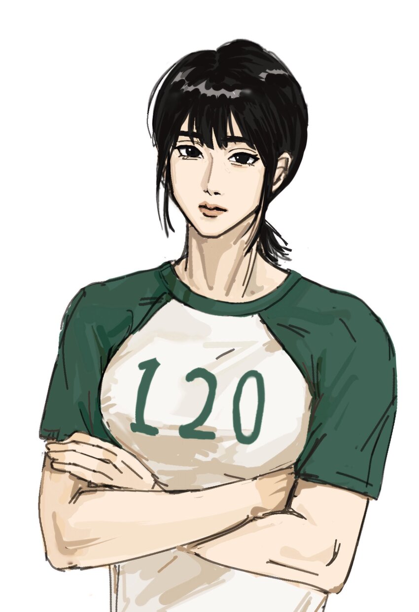 1girl, 2ckelasie, bare_arms, black_eyes, black_hair, cho_hyun-ju, closed_mouth, commentary