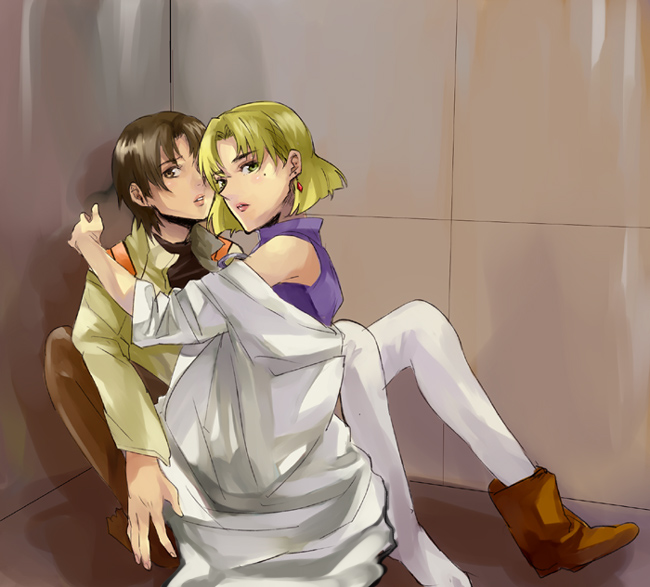 2girls, against_wall, akagi_ritsuko, bad_id, bad_pixiv_id, black_shirt, blonde_hair, boots