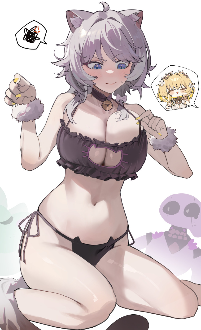 1girl, 2girls, absurdres, aglaea_(honkai:_star_rail), anger_vein, animal_ears, bell, bikini, black_bra, black_panties, blonde_hair, blue_eyes, bra, breasts, cat_cutout, cat_ear_panties, cat_ears, cat_girl, cat_lingerie, cat_tail, cipher_(honkai:_star_rail), cleavage, clothing_cutout, commentary_request, curryman_(curryman06), grey_hair, highres, honkai:_star_rail, honkai_(series), korean_commentary, large_breasts, laurel_crown, multiple_girls, navel, neck_bell, panties, scrunchie, short_hair_with_long_locks, simple_background, sitting, spirithief_bartholos_(honkai:_star_rail), spoken_squiggle, squiggle, stomach, swimsuit, tail, thighs, underwear, wariza, white_background, white_streaks, wrist_scrunchie, yellow_nails