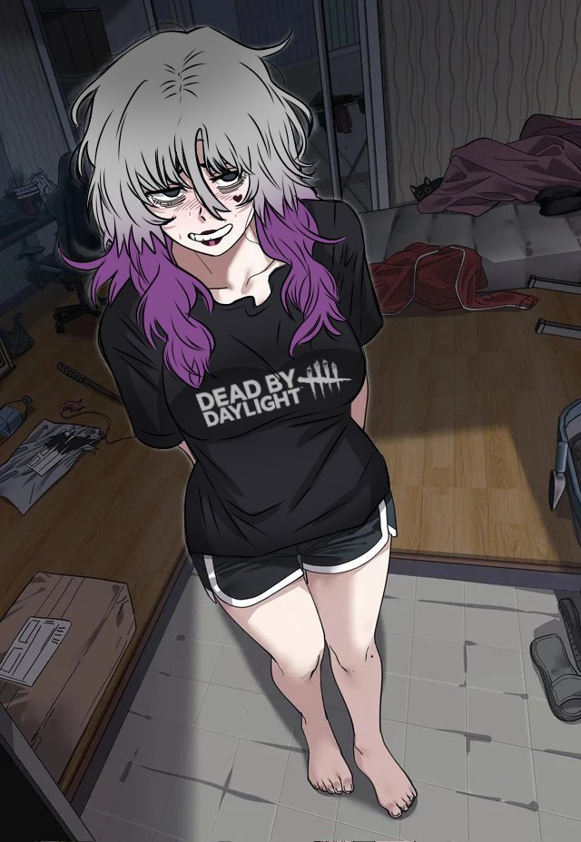 1girl, arms_behind_back, awkward, bags_under_eyes, barefoot, bedroom, black_eyes, black_lips, black_shirt, black_shorts, blanket, blush, breasts, cat, chair, cheek_tattoo, clutter, computer, copyright_name, dead_by_daylight, dolphin_shorts, e-kid_fashion, epic_edster, facial_mark, facial_tattoo, gaming_chair, grey_hair, hair_between_eyes, heart, heart_facial_mark, heart_tattoo, indoors, large_breasts, litter_box, long_hair, looking_at_viewer, makeup, mattress, messy_hair, messy_room, multicolored_hair, pink_hair, purple_hair, sable_ward, shirt, shorts, smile, solo, swivel_chair, t-shirt, tattoo, trash, white_hair