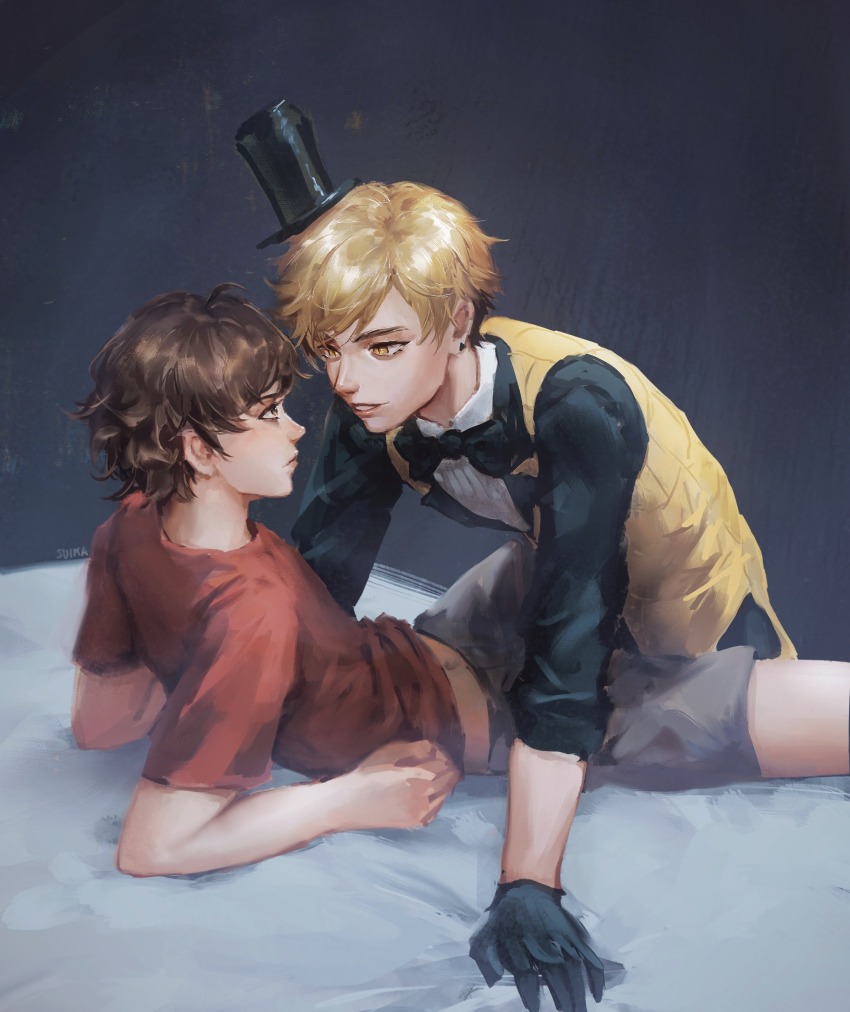 2boys, absurdres, bill_cipher, black_gloves, blonde_hair, bow, bowtie, brown_hair, dipper_pines, earrings, gloves, gravity_falls, hat, highres, jewelry, lips, male_focus, multicolored_hair, multiple_boys, painterly, realistic, shirt, short_hair, shorts, slit_pupils, smile, suikamelony, t-shirt, two-tone_hair, yaoi, yellow_eyes