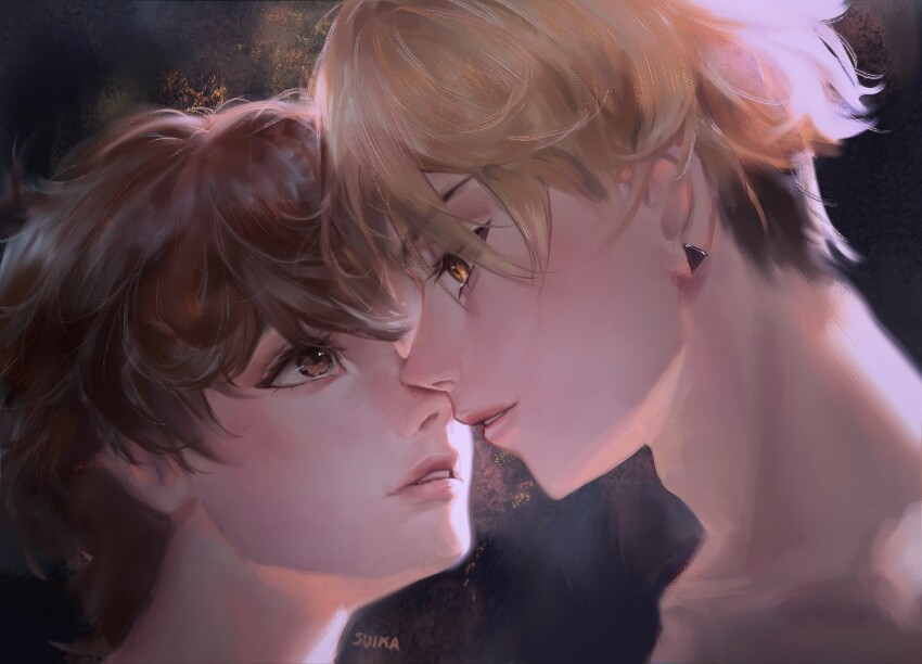 2boys, bill_cipher, blonde_hair, brown_eyes, brown_hair, dipper_pines, earrings, eyelashes