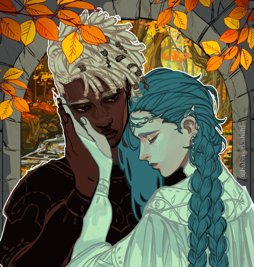 1boy, 1girl, alternate_costume, arcane:_league_of_legends, arcane_jinx, arch, autumn, babu_(babushkahihi)