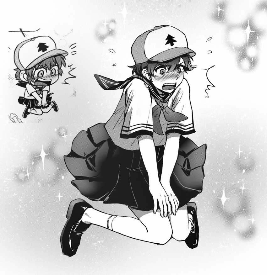 1boy, black_shoes, blush, crossdressing, crossdressing_(mtf), dipper_pines, girly_boy, gravity_falls, gravity_falls:_lost_legends, highres, official_alternate_costume, open_mouth, sailor_collar, school_uniform, serafuku, shirt, shoes, short_hair, short_sleeves, skirt, socks, sparkle, suikamelony, teeth, tree_print, upper_teeth_only, v-shaped_eyebrows