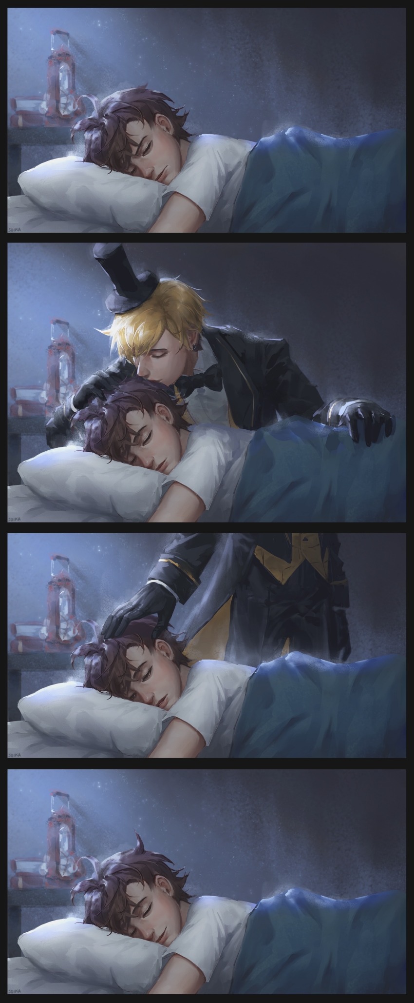 2boys, absurdres, bill_cipher, black_gloves, blonde_hair, bow, bowtie, brown_hair