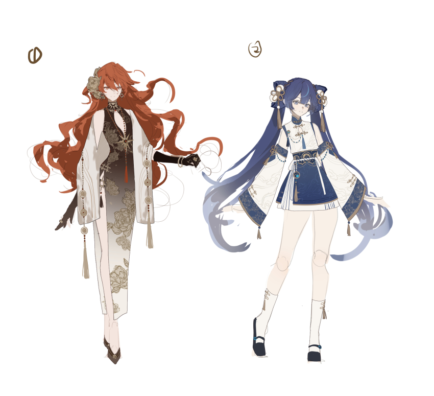 2girls, absurdres, augusta_(wuthering_waves), bare_shoulders, black_dress, black_gloves, blue_eyes, blue_hair, blue_skirt, breasts, china_dress, chinese_clothes, chinese_knot, closed_mouth, detached_sleeves, dress, earrings, full_body, gloves, hair_between_eyes, hair_ornament, highres, iuno_(wuthering_waves), jewelry, long_hair, long_sleeves, looking_at_viewer, medium_breasts, missing_commentary, multicolored_hair, multiple_girls, official_alternate_costume, orange_hair, red_eyes, reference_sheet, simple_background, skirt, smile, streaked_hair, sun_earrings, twintails, very_long_hair, white_background, wuthering_waves, yi_ke_da_cui_tao_tao