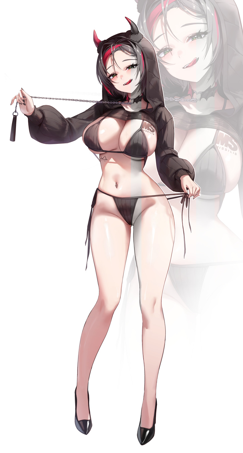 1girl, 4q_(lokcy516), :q, absurdres, bikini, bikini_tug, black_bikini, black_hair