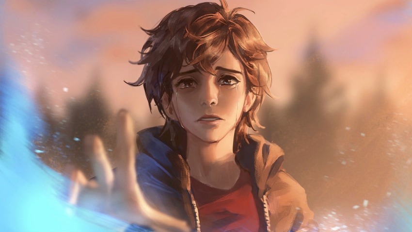 1boy, black_hoodie, brown_hair, crying, crying_with_eyes_open, dipper_pines, gravity_falls, highres, hood, hoodie, lips, male_focus, nose, painterly, realistic, red_shirt, shirt, short_hair, solo, suikamelony, tears