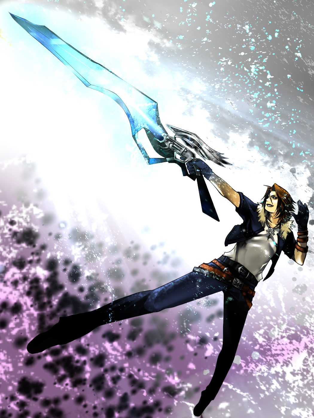 1990s_(style), 1boy, belt, brown_eyes, brown_hair, final_fantasy, final_fantasy_viii, fur_collar, gloves, gunblade, highres, jacket, jewelry, kingdom_hearts, leaf, leon_(kingdom_hearts), lionheart, male_focus, necklace, sakichi6891, scar, solo, squall_leonhart, sword, weapon