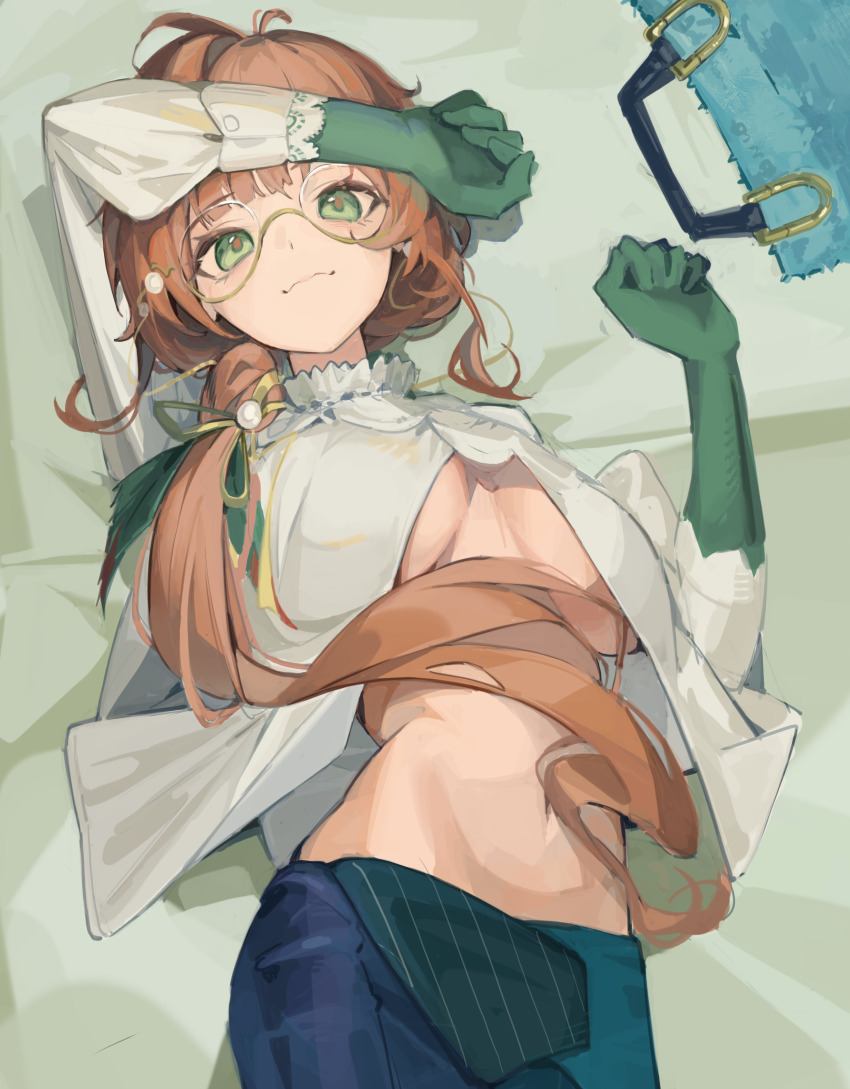 1girl, :3, absurdres, arms_up, bed_sheet, breasts, brown_hair, ddul_(hauluimubingoj1)