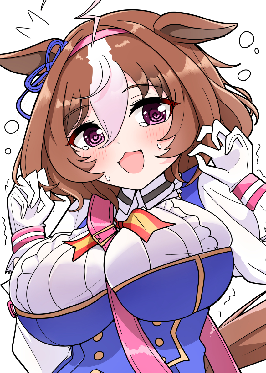 1girl, @_@, absurdres, ahoge, animal_ears, arnolddayo, between_breasts, blush, bow, breasts, brown_hair, double-parted_bangs, ear_ribbon, ears_down, hair_between_eyes, hairband, highres, horse_ears, horse_girl, horse_tail, large_breasts, long_sleeves, medium_hair, meisho_doto_(umamusume), multicolored_hair, open_mouth, pink_hairband, purple_eyes, short_hair, smile, strap_between_breasts, tail, two-tone_hair, umamusume, umamusume:_road_to_the_top, white_hair