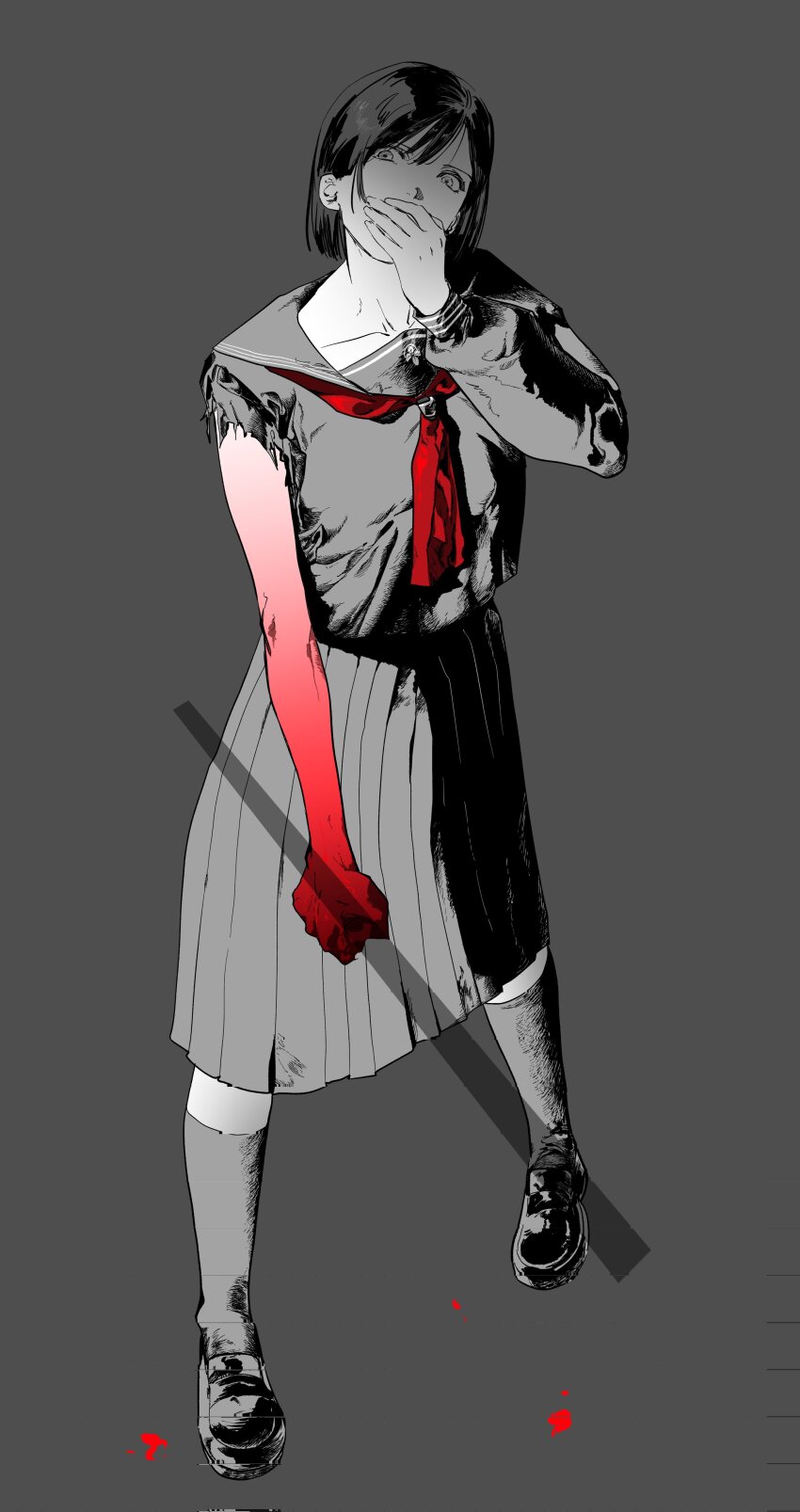 1girl, absurdres, blood, bob_cut, chinese_commentary, collarbone, covering_own_mouth, full_body, grey_background, hashtag-only_commentary, highres, holding, kneehighs, loafers, long_sleeves, looking_at_viewer, naokotoysk, necktie, pleated_skirt, red_necktie, school_uniform, serafuku, shimizu_hinako, shoes, short_hair, silent_hill_(series), silent_hill_f, simple_background, skirt, socks, solo, spot_color, torn_clothes, torn_sleeves