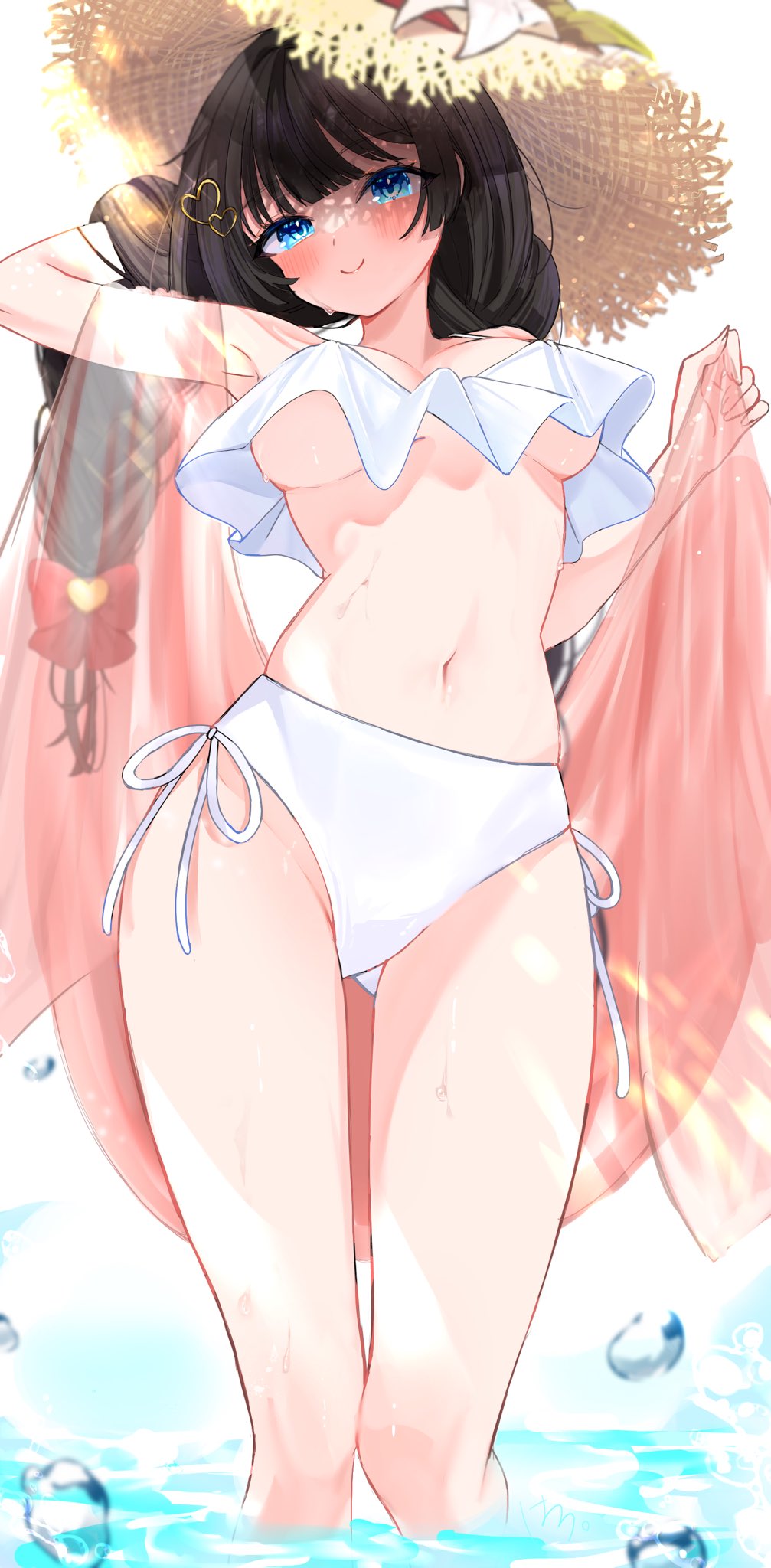 1girl, arm_up, bikini, black_hair, blue_eyes, blush, bow, braid