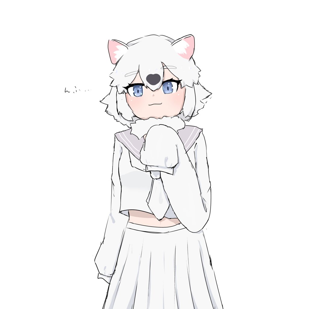 1girl, :3, adapted_costume, animal_ears, blue_eyes, blush, brown_hair, cowboy_shot, fur_collar, hondo_tanuki_(kemono_friends), kemono_friends, kemono_friends_3, long_sleeves, midriff_peek, multicolored_hair, necktie, pleated_skirt, raccoon_ears, raccoon_girl, sailor_collar, school_uniform, serafuku, shioame_neko777, shirt, short_hair, skirt, sleeves_past_wrists, solo, translation_request, two-tone_hair, white_fur, white_hair, white_necktie, white_shirt, white_skirt