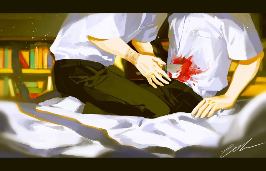 absurdres, belt, black_belt, black_pants, blood, blood_on_clothes, collared_shirt, eohme