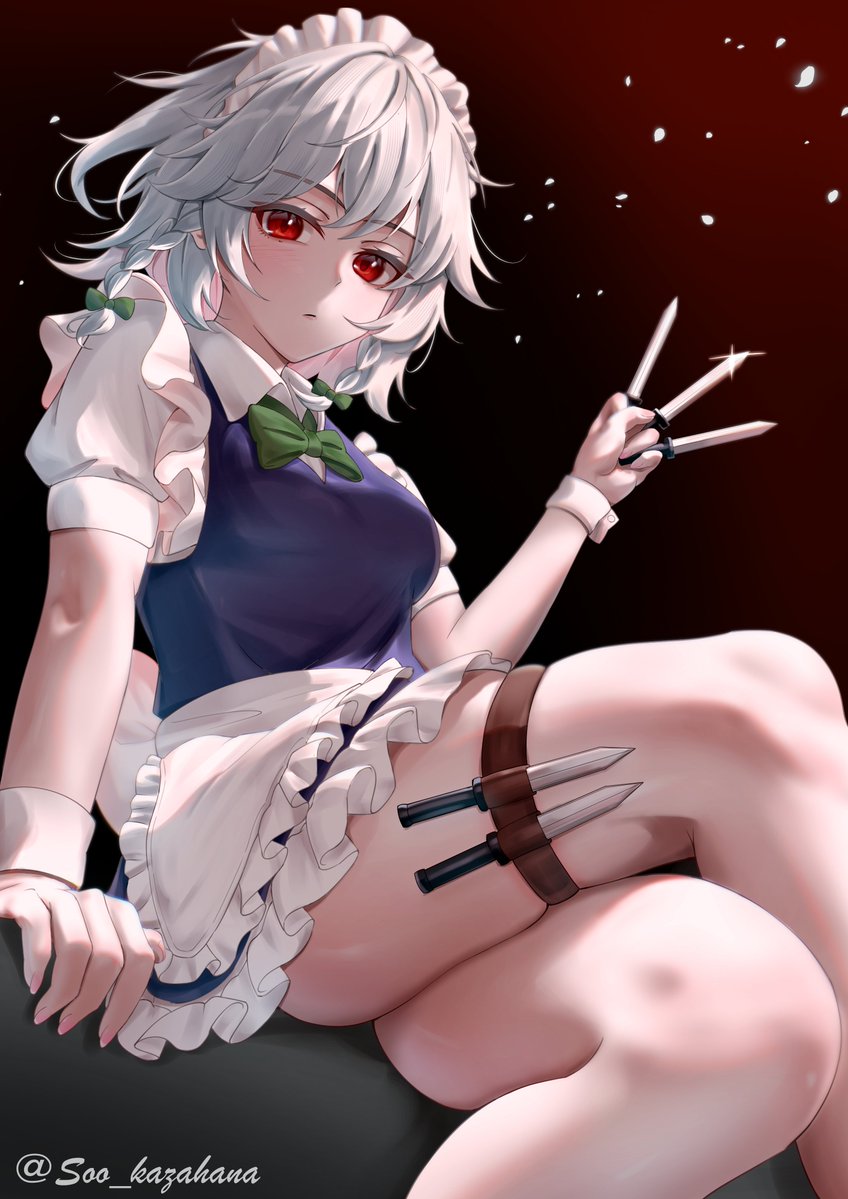 1girl, apron, between_fingers, blue_dress, bow, braid, closed_mouth, crossed_legs