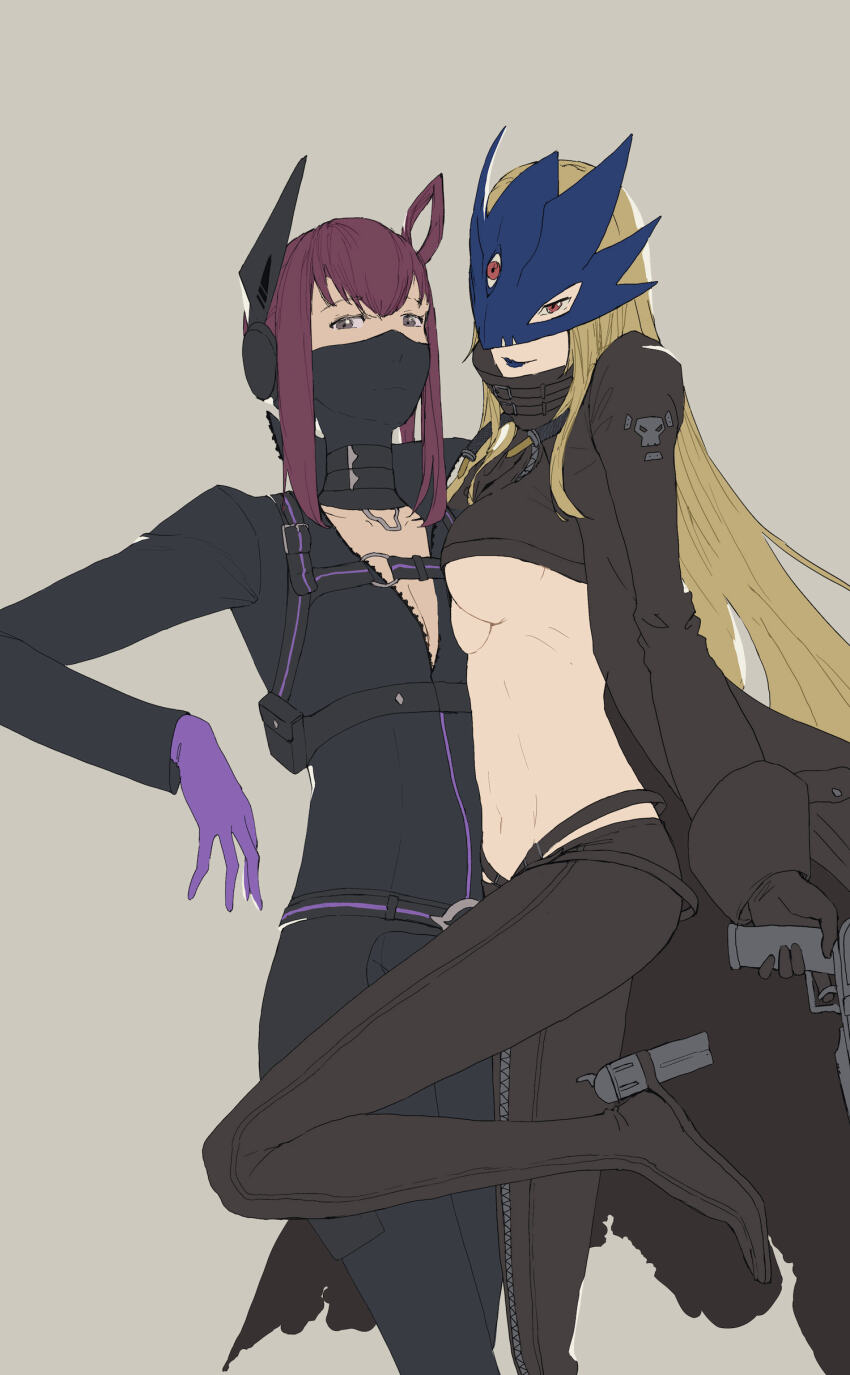 2girls, absurdres, ankle_gun, beelstarmon, belt, black_belt, black_bodysuit, black_coat