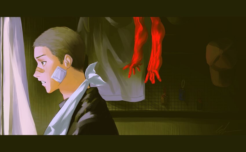 1boy, 1other, absurdres, bandaid, bandaid_on_face, bandaid_on_nose, black_eyes, black_hair