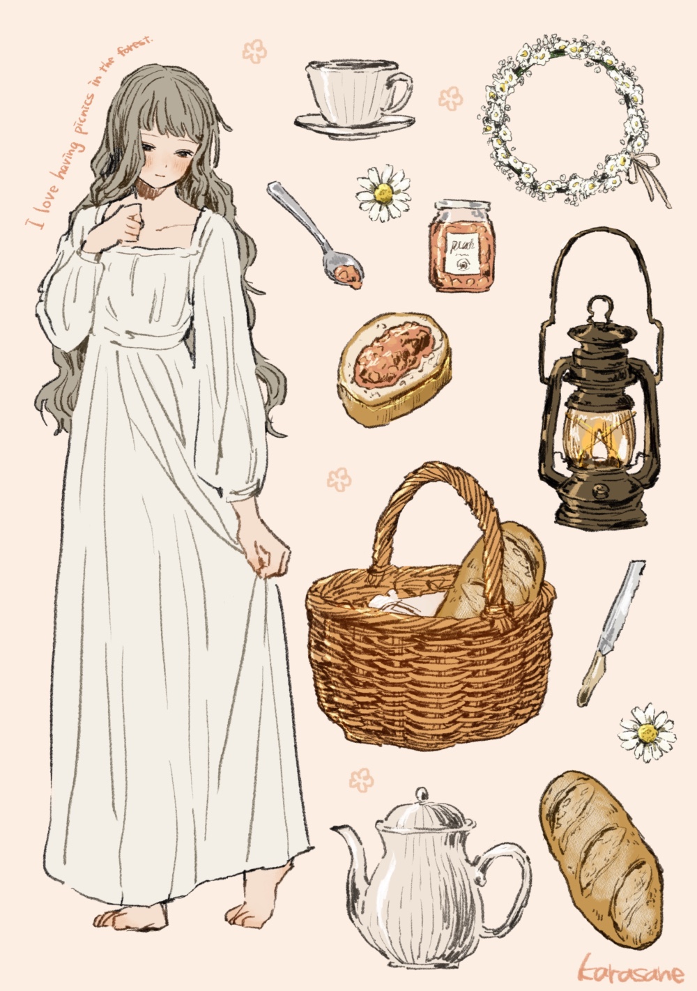 1girl, adjusting_clothes, artist_name, barefoot, basket, blunt_bangs, blush, bread