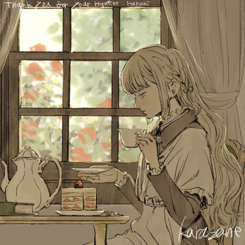 1girl, artist_name, blonde_hair, blunt_bangs, book, braid, cake, closed_mouth