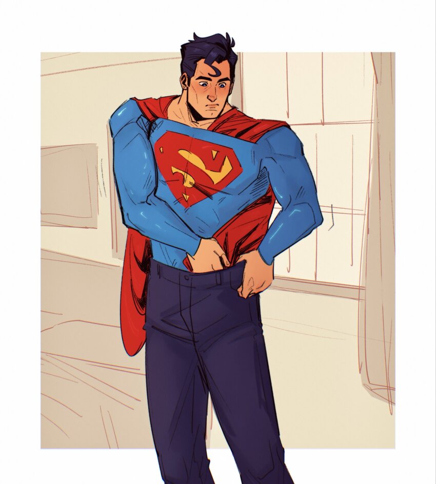 1boy, black_hair, blue_bodysuit, blue_eyes, blue_pants, bodysuit, cape, clark_kent