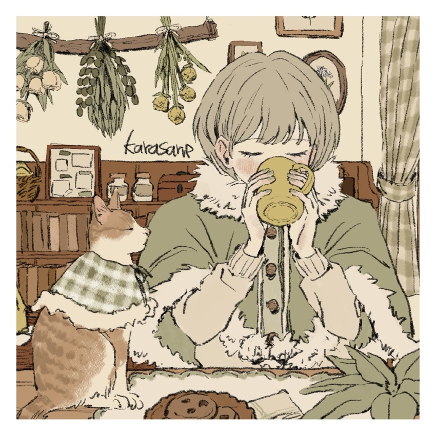 1girl, artist_name, basket, blush, book, bookshelf, border, bottle, cat, closed_eyes, commentary, cookie, cup, curtains, dried_flower, drinking, fingernails, food, fur_collar, fur_trim, green_nails, green_shawl, highres, holding, holding_cup, indoors, karasane03, long_sleeves, nail_polish, original, picture_frame, plant, shawl, short_hair, solo, sweater, table, upper_body, white_border