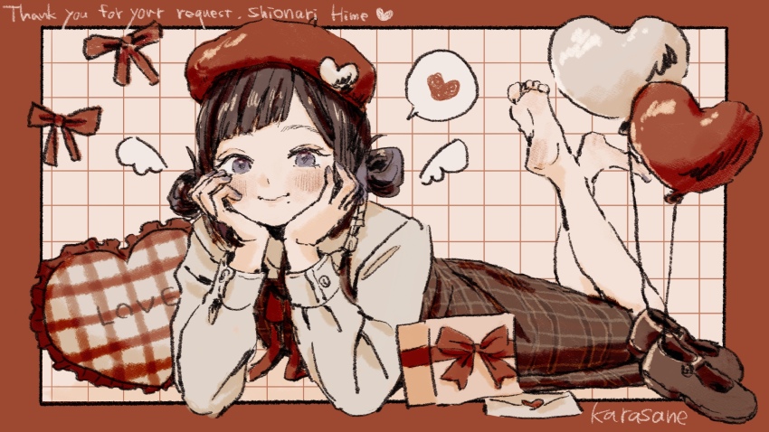 1girl, artist_name, balloon, barefoot, beret, black_hair, border, bow