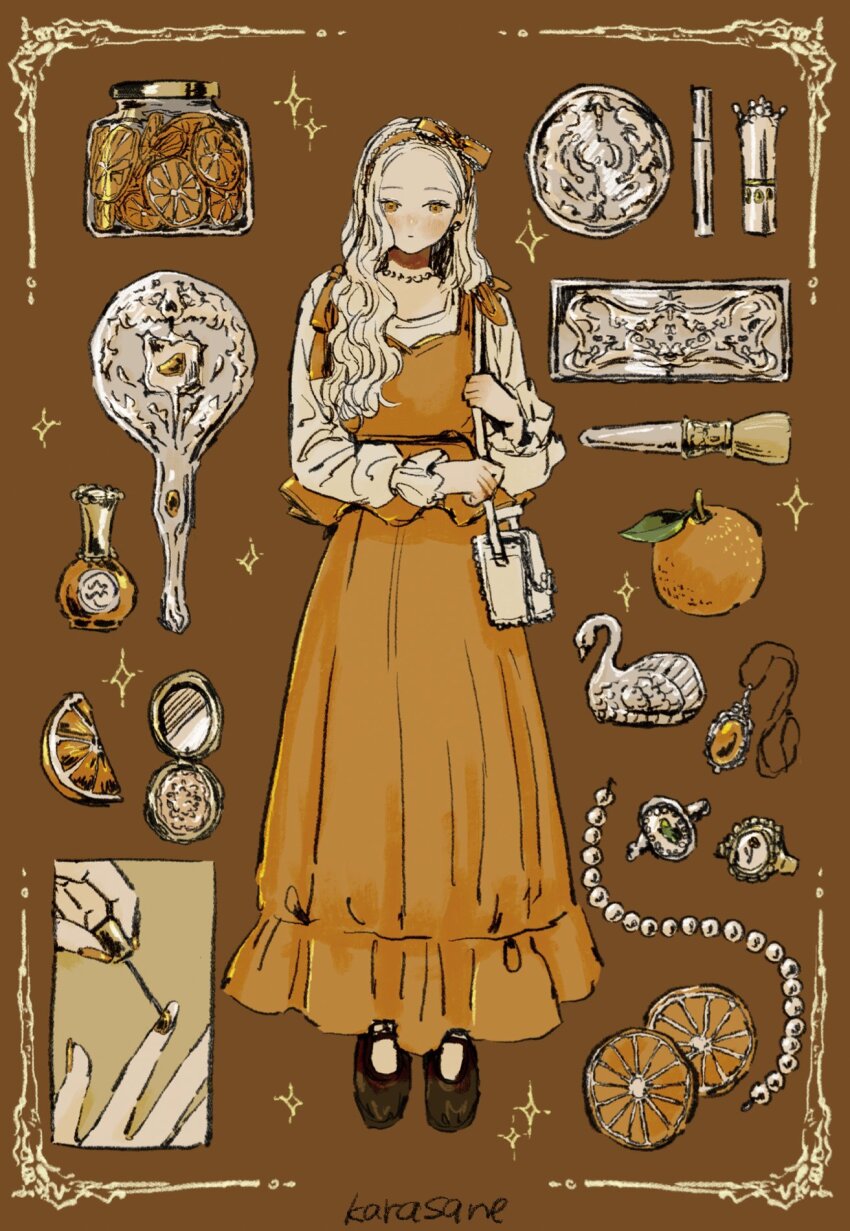 1girl, applying_manicure, artist_name, bag, bird, black_shoes, blonde_hair, blush