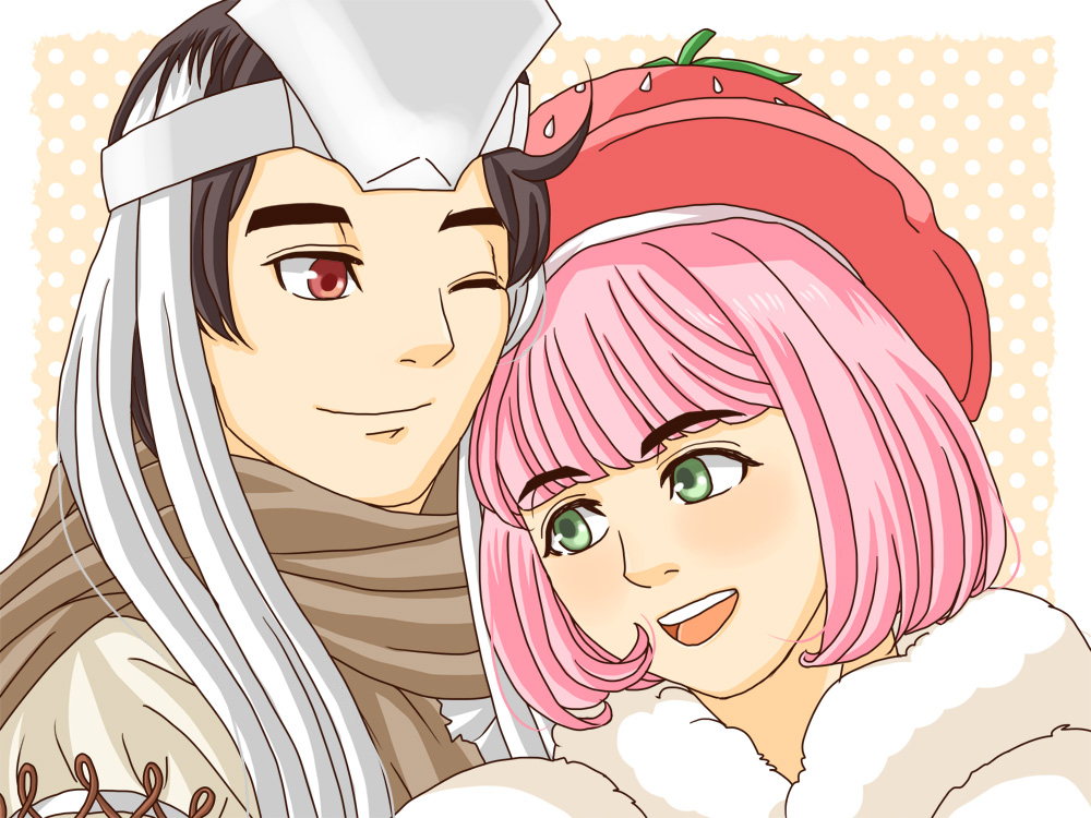 1boy, 1girl, black_hair, brown_hair, green_eyes, husband_and_wife, mr._shining_knife_&amp;_mrs._sweet_cake, no.1_sentai_gozyuger, pink_hair, red_eyes, super_sentai, yuichi