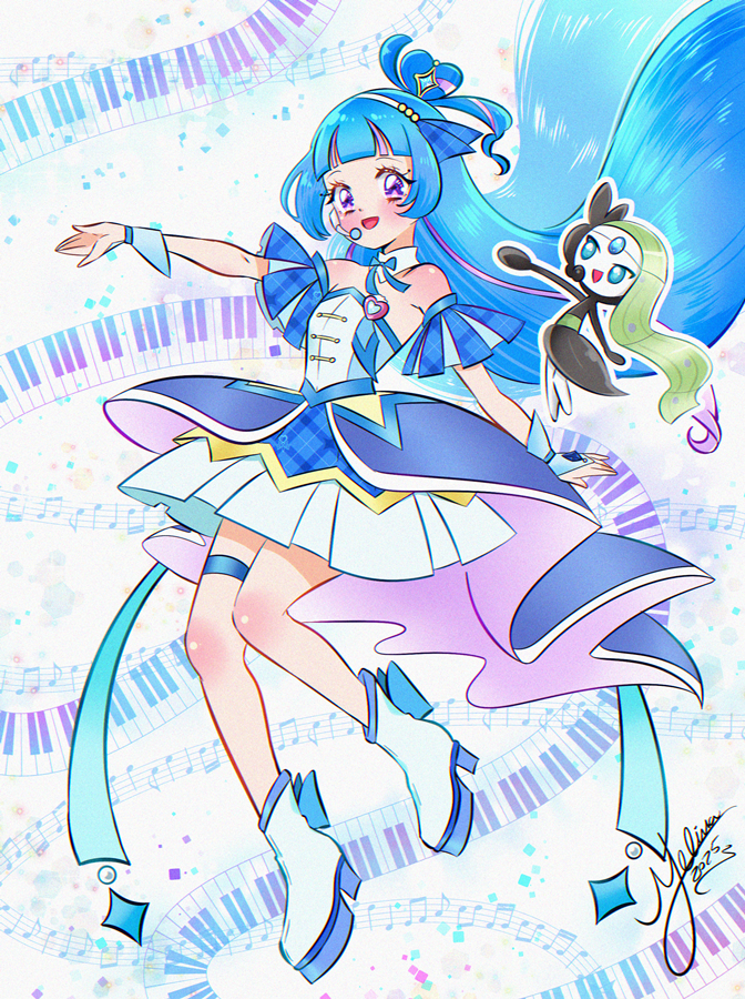 2girls, aokaze_nana, bare_shoulders, black_dress, blue_hair, blush, boots, cure_wink