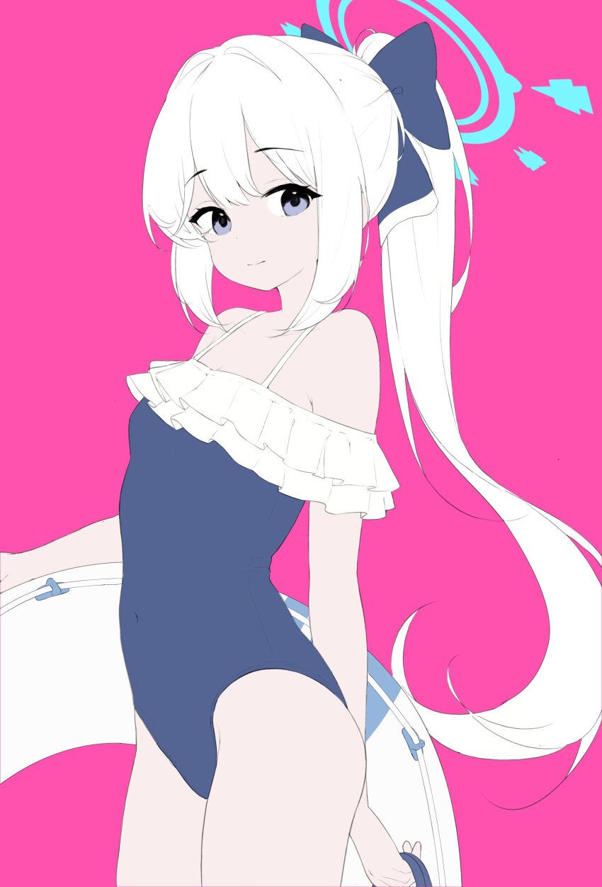 1girl, absurdres, bare_shoulders, blue_archive, blue_halo, blue_one-piece_swimsuit, bow, closed_mouth