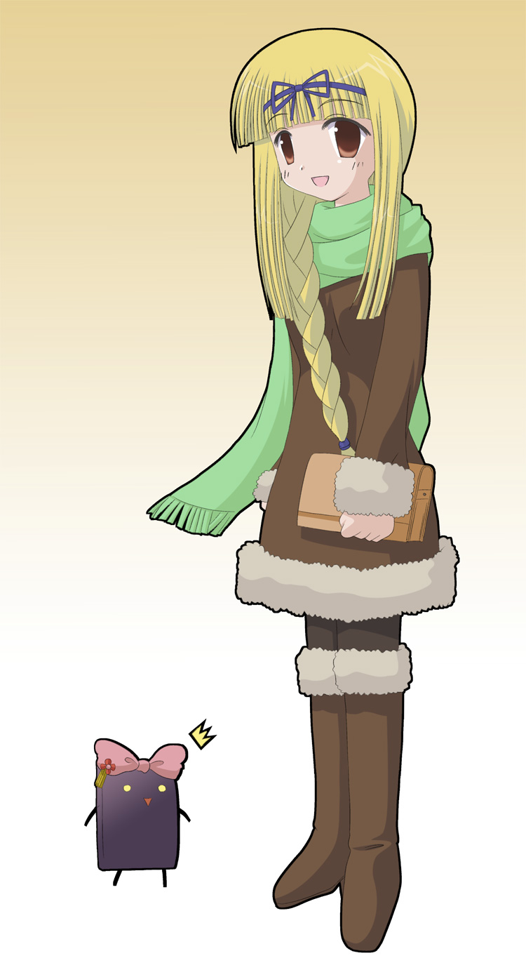 00s, 1girl, 379, ^^^, alternate_color, alternate_hair_color, boots, borrowed_character, braid, brown_boots, female_focus, fictional_persona, hair_ribbon, highres, kojima_akira_(fictional_persona), long_hair, mahoraba, open_mouth, pantyhose, ribbon, scarf, shirogane_miyabi, single_braid, solo