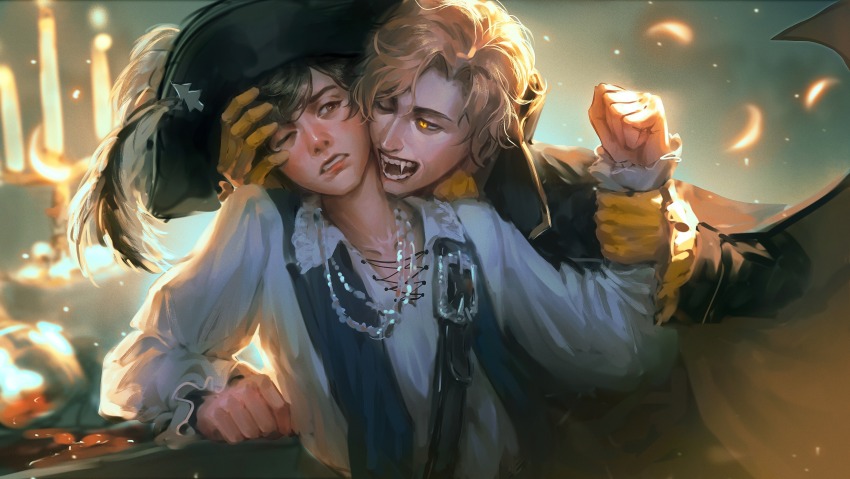 2boys, absurdres, aged_up, bill_cipher, blonde_hair, brown_hair, collared_shirt, dipper_pines