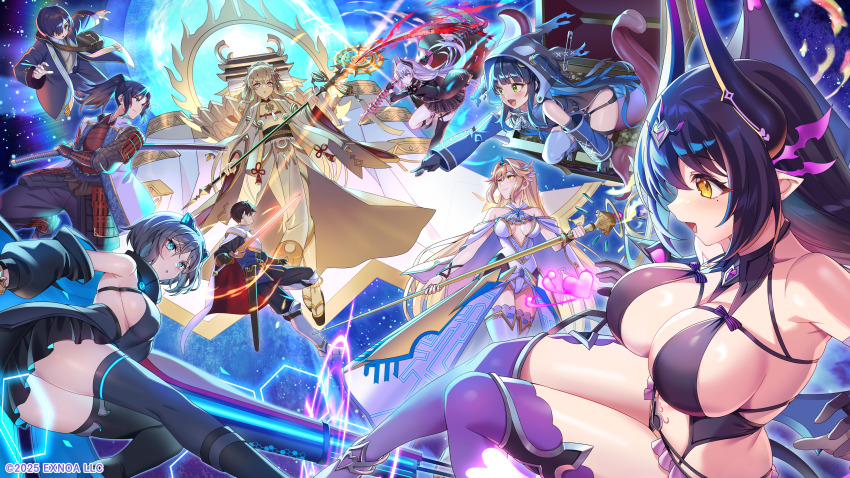 3boys, 6+girls, absurdres, asta_(monmusu_td), black_hair, black_thighhighs, blonde_hair, blue_eyes