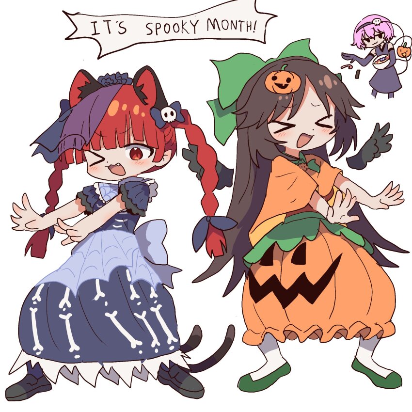 >_<, 3girls, :3, :d, ;d, alternate_costume, animal_ears, bare_shoulders, black_headdress, black_veil, blue_dress, bone_print, bow, braid, brown_hair, candy, capelet, cat_ears, cat_tail, doyagao, dress, elbow_gloves, english_text, excited, fang, feathered_wings, flats, food, food-themed_hair_ornament, frills, gloves, green_shoes, grey_dress, grey_gloves, grey_pantyhose, grin, group_pose, hair_bow, hair_ornament, halloween, halloween_costume, highres, holding, holding_candy, holding_food, jack-o'-lantern, jack-o'-lantern_hair_ornament, kaenbyou_rin, komeiji_satori, loafers, long_dress, long_hair, magg_(user_mtca8588), multiple_girls, multiple_tails, one_eye_closed, open_mouth, orange_dress, outstretched_arms, pantyhose, pink_hair, pumpkin_hair_ornament, pumpkin_skirt, red_eyes, red_hair, reiuji_utsuho, shoes, short_sleeves, skull_hair_ornament, sleeveless, sleeveless_dress, smile, smug, spider_web_print, subterranean_animism, tail, touhou, twin_braids, two_tails, v-shaped_eyebrows, veil, wings, xd