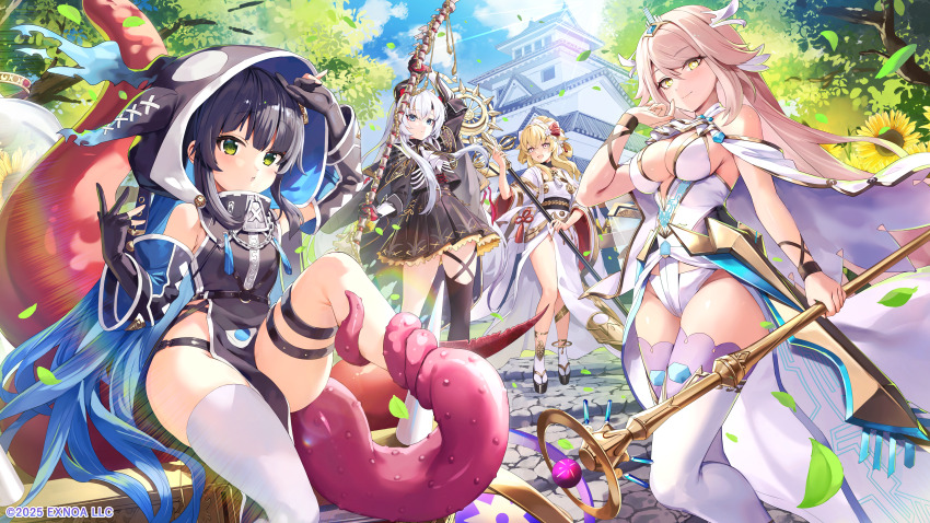 4girls, absurdres, asta_(monmusu_td), asymmetrical_legwear, black_hair, blonde_hair, blue_eyes, breasts