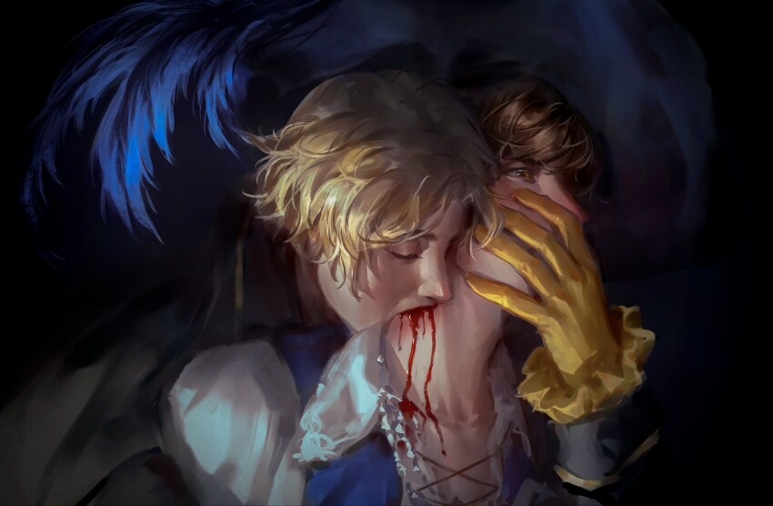 2boys, aged_up, bill_cipher, biting, blonde_hair, blood, brown_hair, dipper_pines