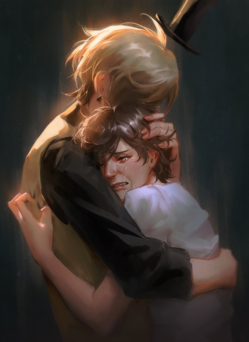 2boys, absurdres, bill_cipher, blonde_hair, brown_hair, crying, dipper_pines, earrings