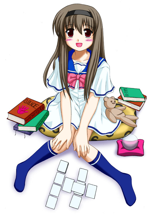 00s, 1girl, ^^^, blue_socks, blush, book, brown_hair, buchou, card, crystal_ball, cushion, female_focus, full_body, hairband, light_persona, long_hair, mahoraba, open_mouth, school_uniform, sitting, socks, solo, stuffed_toy, white_background