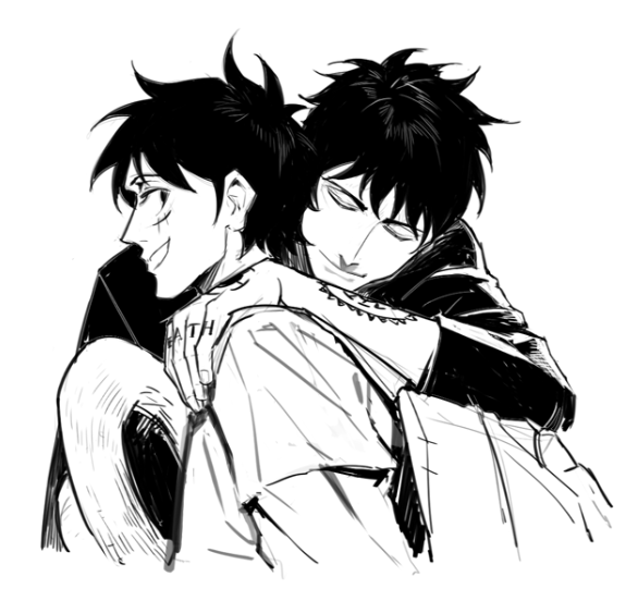 2boys, arm_tattoo, closed_eyes, closed_mouth, commentary_request, cropped_torso, evanolge, facial_scar