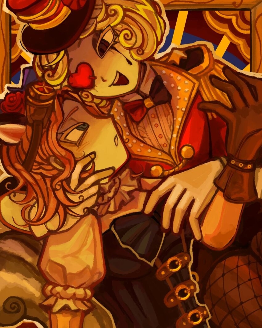 2girls, animal_ears, black_eyes, black_gloves, blonde_hair, blue_eyes, bow, bowtie, brown_gloves, curly_hair, eyepatch, fishnet_pantyhose, fishnets, flower, frills, gloves, hand_on_another's_face, hat, heart, highres, jacket, long_sleeves, looking_at_another, margaretha_zelle, margaretha_zelle_(animal_tamer), mini_hat, mini_top_hat, multiple_girls, open_mouth, orange_hair, pantyhose, puffy_short_sleeves, puffy_sleeves, rawgluten, red_bow, red_flower, red_rose, rose, shirt, short_hair, short_sleeves, smile, top_hat, vera_nair, vera_nair_(distiller), white_gloves, white_shirt, yuri