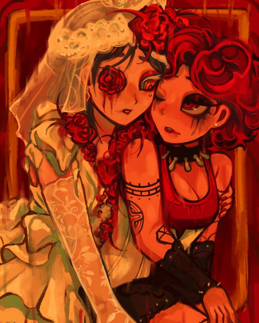 2girls, arm_tattoo, black_hair, breasts, bridal_veil, bride, cleavage, collar, dress, earrings, elbow_gloves, eyeshadow, female_focus, flower, gloves, hair_flower, hair_ornament, highres, identity_v, jewelry, long_hair, looking_at_another, makeup, margaretha_zelle, multiple_girls, one_eye_closed, parted_lips, rawgluten, red_eyes, red_flower, red_hair, rose, short_hair, sitting, sleeveless, spikes, tattoo, veil, vera_nair, vera_nair_(crimson_bride), wedding_dress, white_dress, yuri