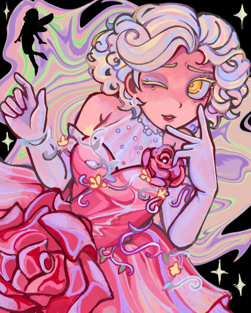 1girl, bare_shoulders, black_background, blonde_hair, dress, elbow_gloves, flower, gloves