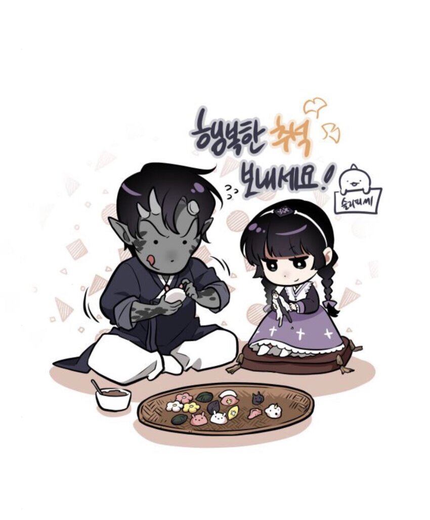 1girl, 1other, :p, animal-themed_food, black_eyes, black_hair, black_hanbok, blunt_bangs, braid, broken_horn, cat, character-themed_food, chuseok, colored_skin, crossed_legs, cushion, demon_boy, dokkaebi, dress, father_and_child, father_and_daughter, flower, grey_skin, hairband, han_dareum, han_myungoh, hanbok, highres, horns, kim_dokja, korean_clothes, korean_text, mini_cini98, omniscient_reader's_viewpoint, parent_and_child, pointy_ears, purple_dress, scales, sitting, tongue, tongue_out, twin_braids