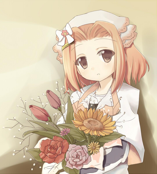 1girl, bad_id, bad_pixiv_id, bouquet, bow, brown_eyes, female_focus, flower